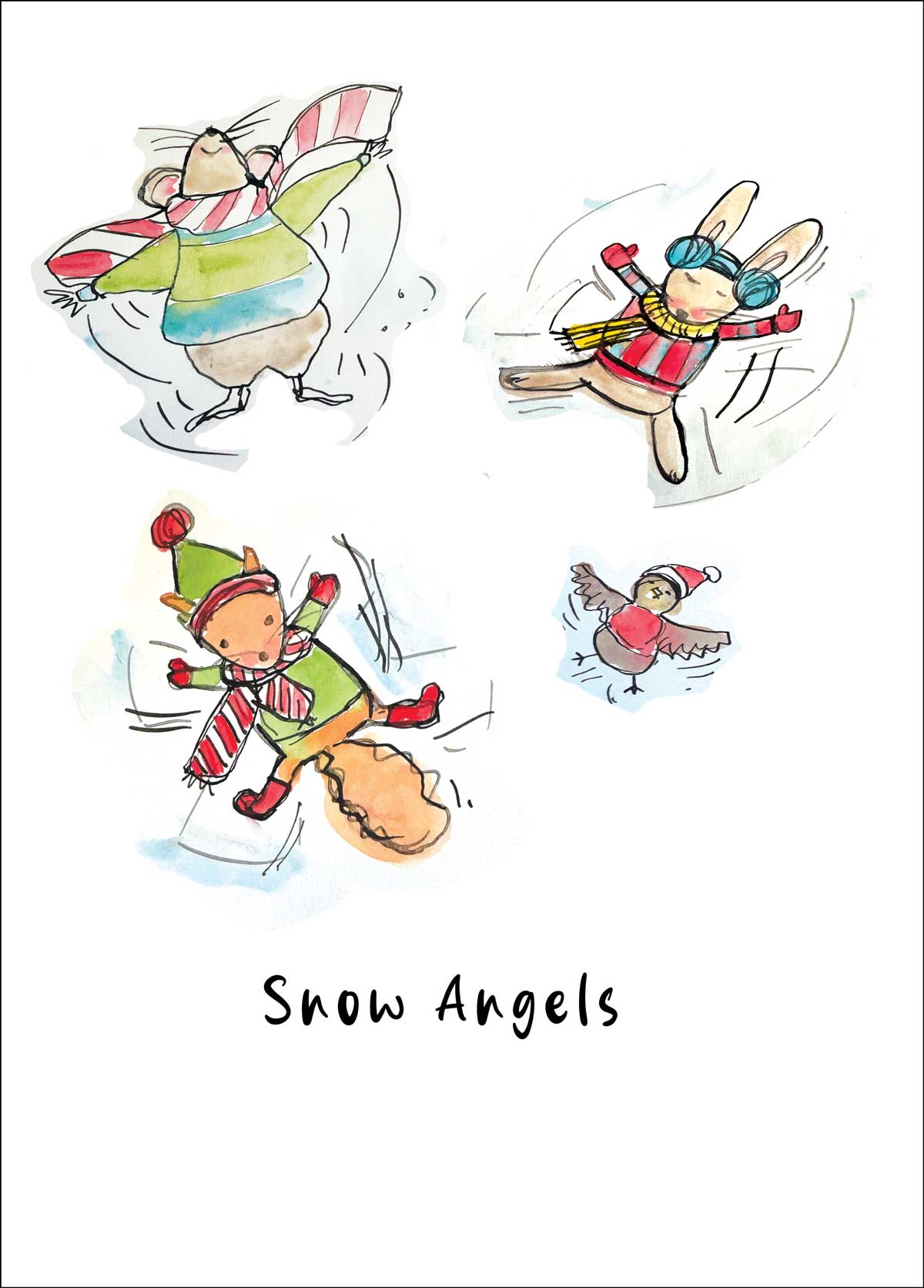 Illustrations of animals making snow angels with text 'Snow Angels' on a white background