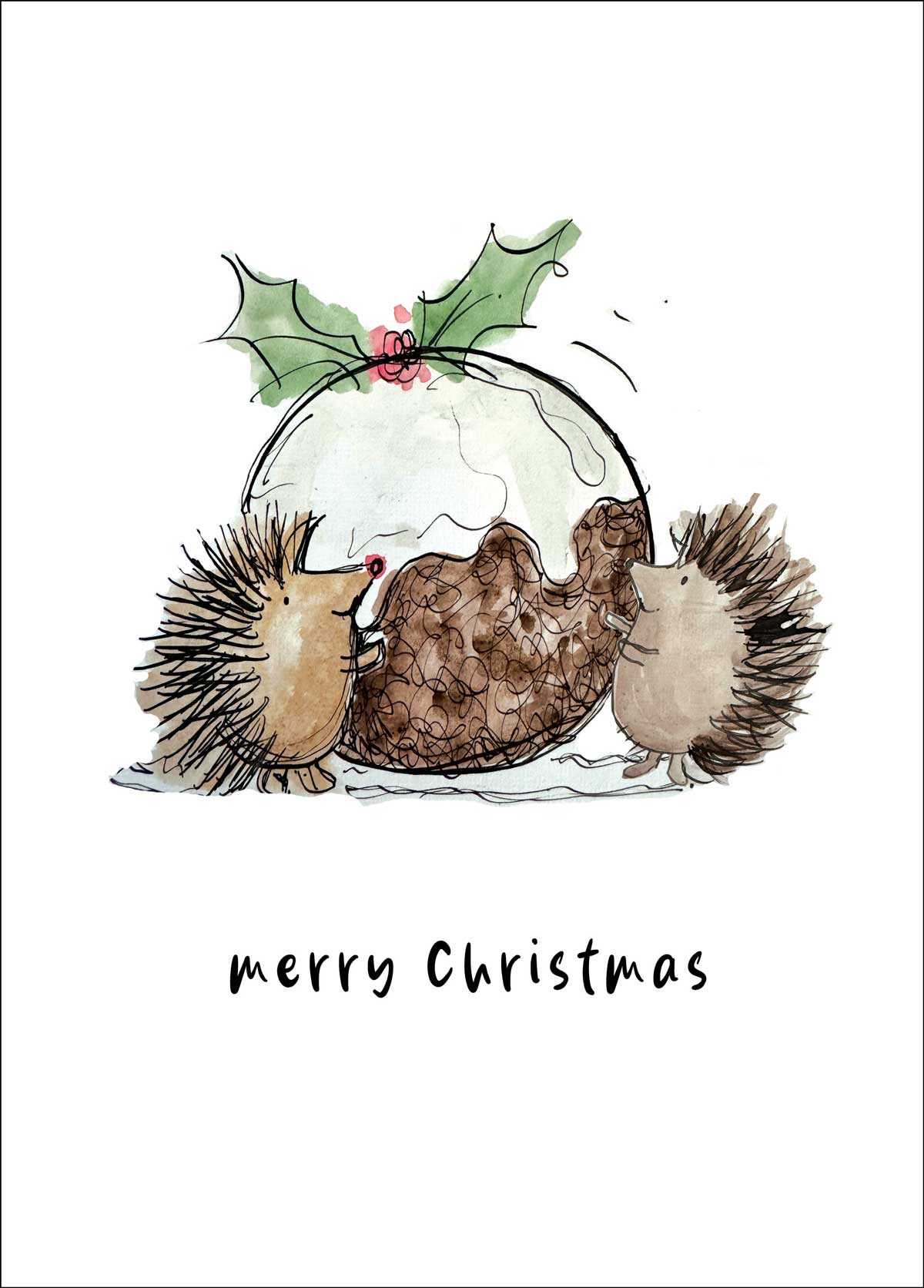 Illustration of three hedgehogs under a mistletoe with 'merry Christmas' text on a white background.