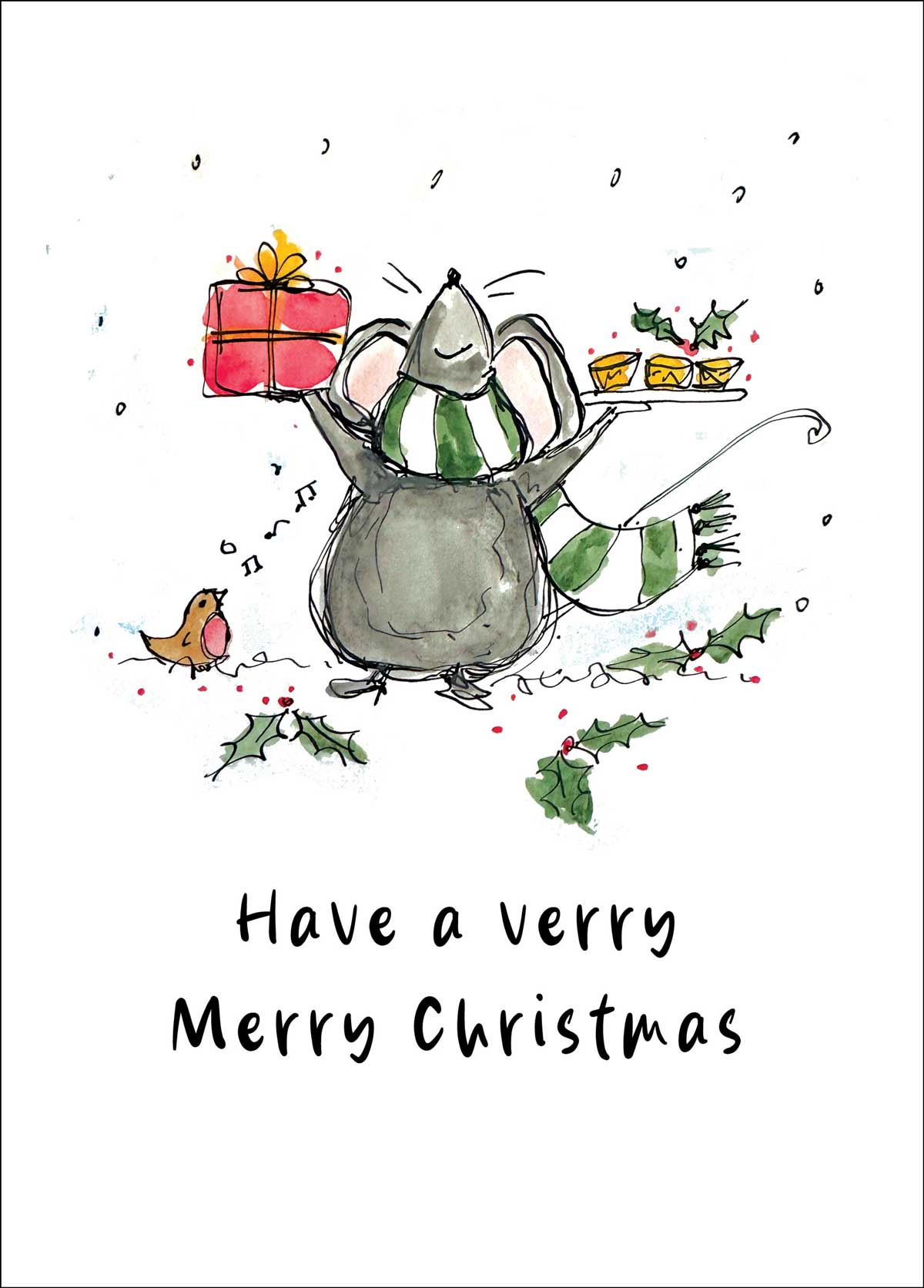 Illustration of a teapot character with a scarf, holding a gift and food, on a white background with Christmas text.