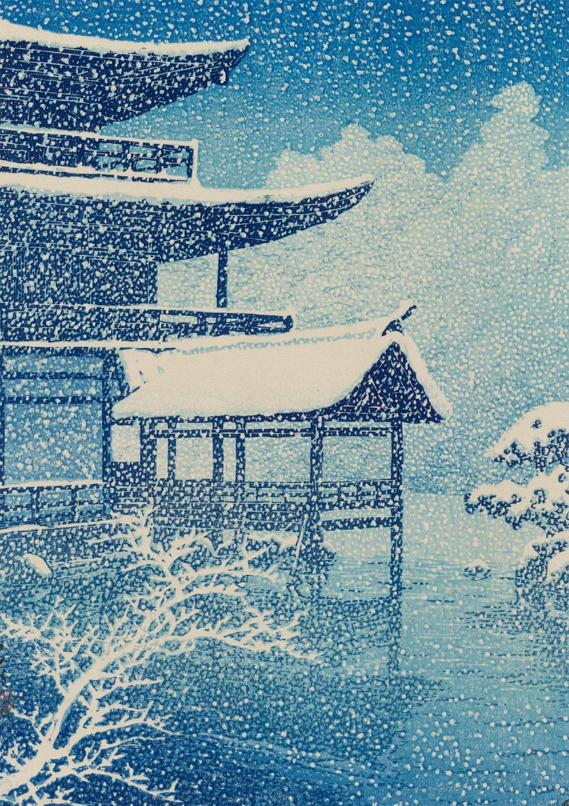 X241 Japanese woodprint blue house in snow