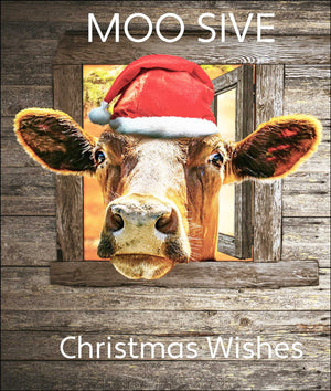 Cow wearing a Santa hat with 'Moo Sive' and 'Christmas Wishes' text on a wooden background