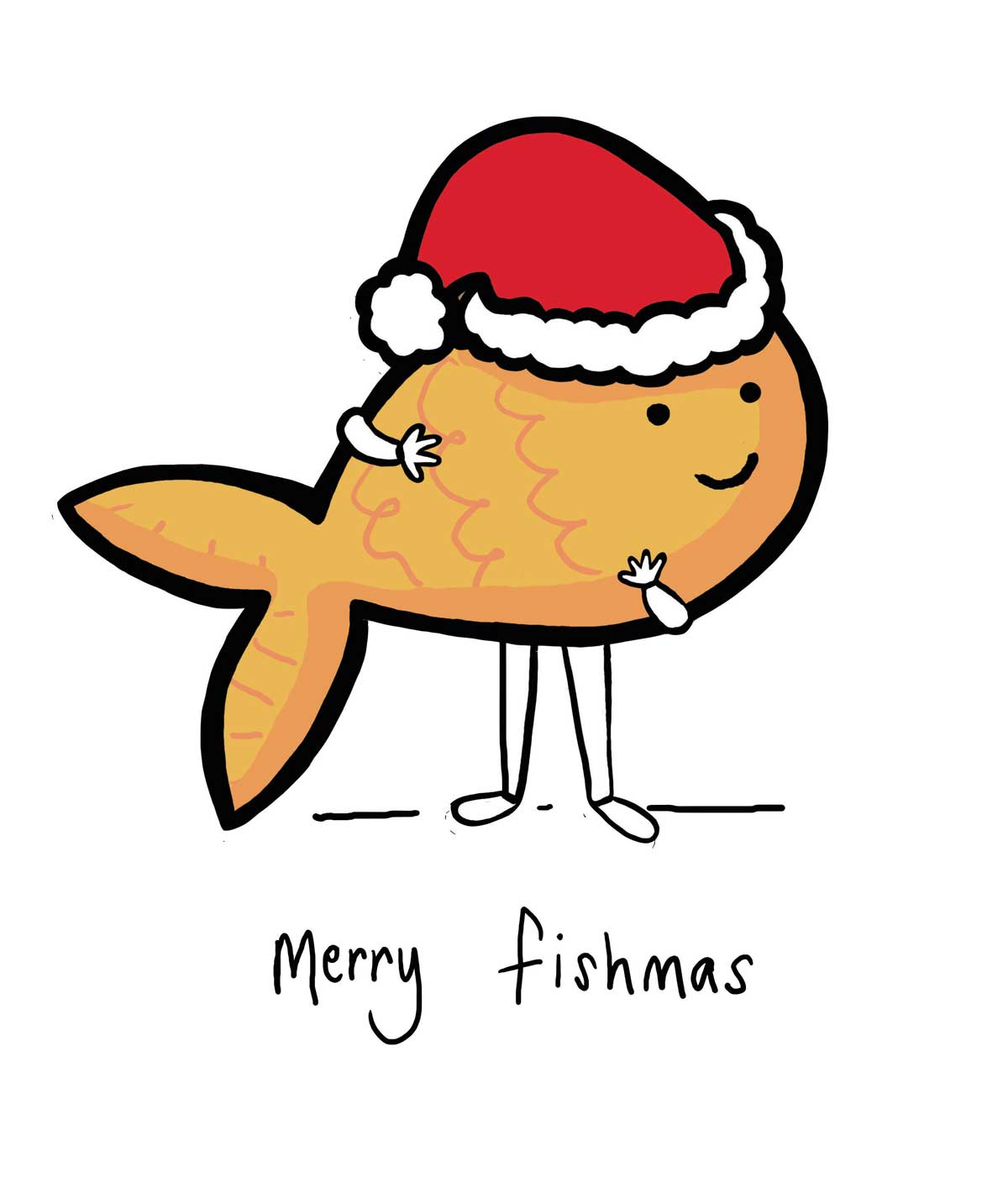 Illustration of a fish wearing a Santa hat with 'Merry Fishmas' text on a white background.