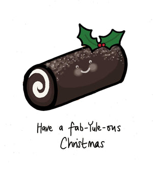 Cartoon Christmas pudding with holly and text 'Have a fab-yule-ous Christmas' on a white background
