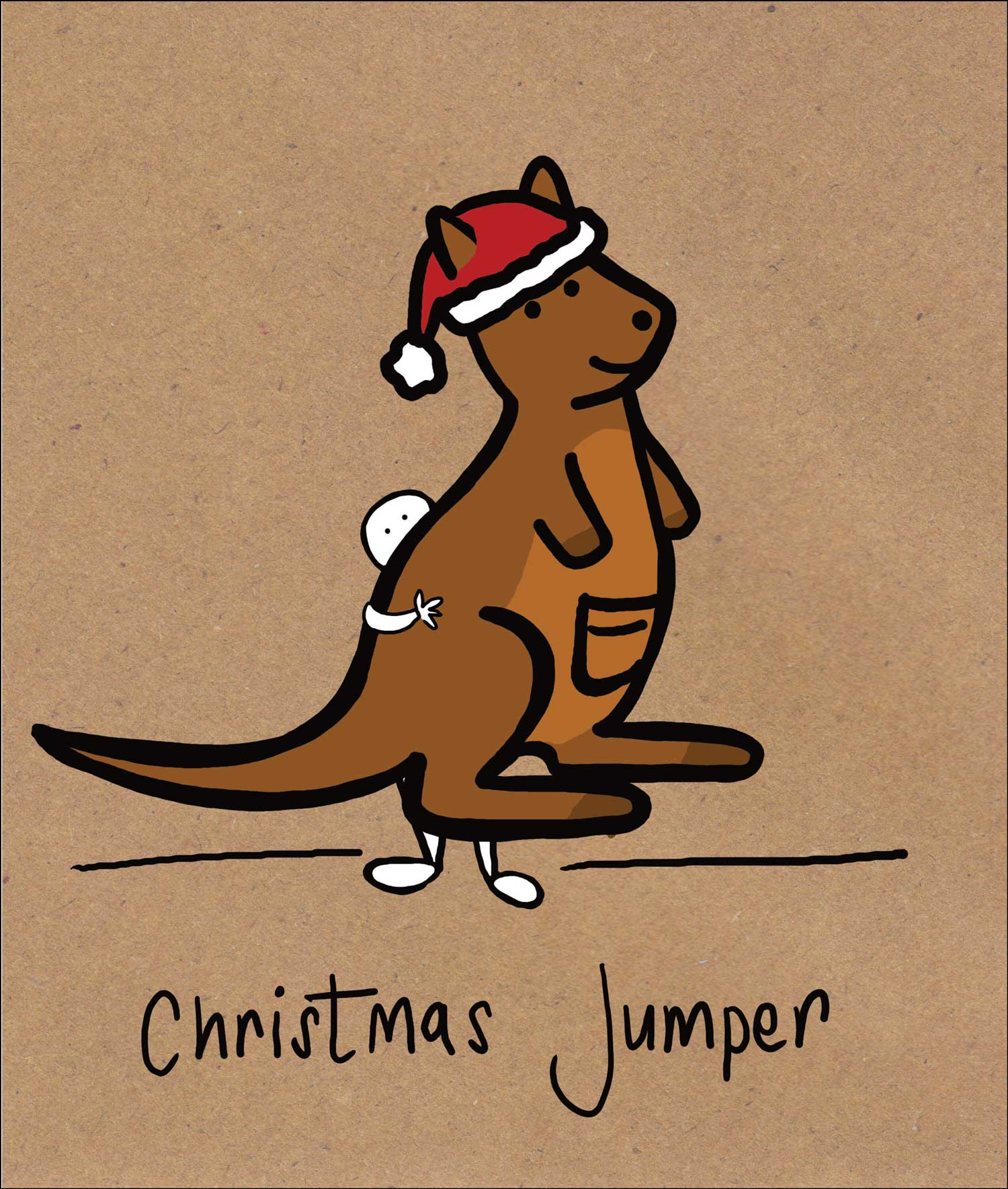 Illustration of a kangaroo wearing a Santa hat on a brown background with 'Christmas Jumper' text.