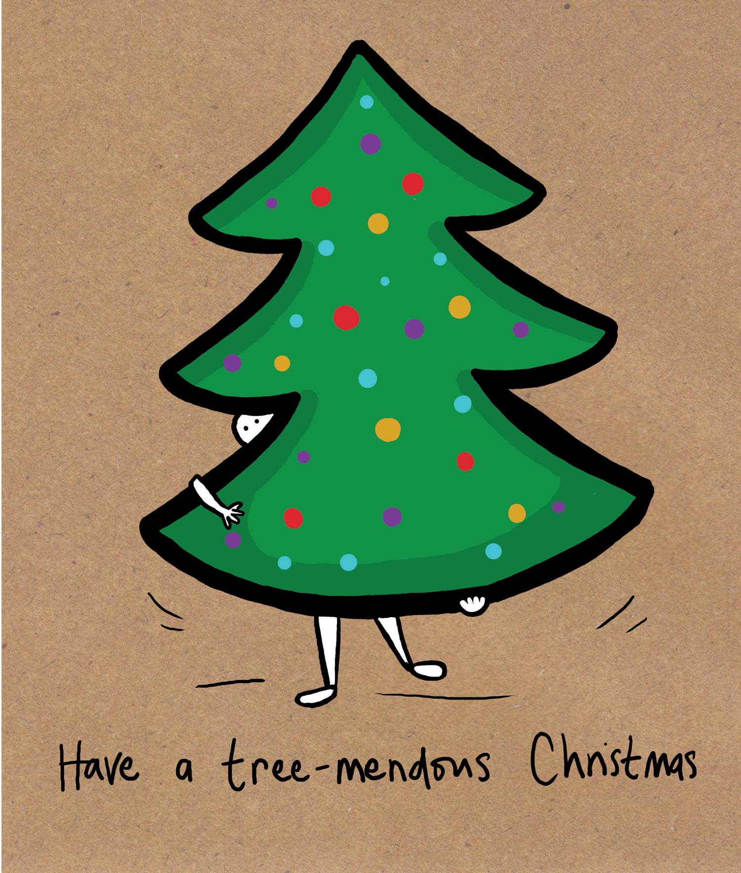 Cartoon Christmas tree with colorful dots on a brown background with text 'Have a tree-mendous Christmas'.