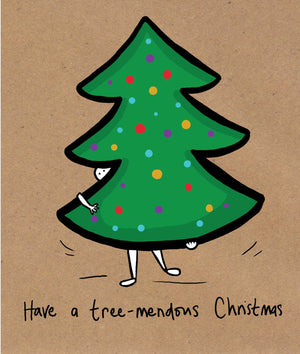 Cartoon Christmas tree with colorful dots on a brown background with text 'Have a tree-mendous Christmas'.