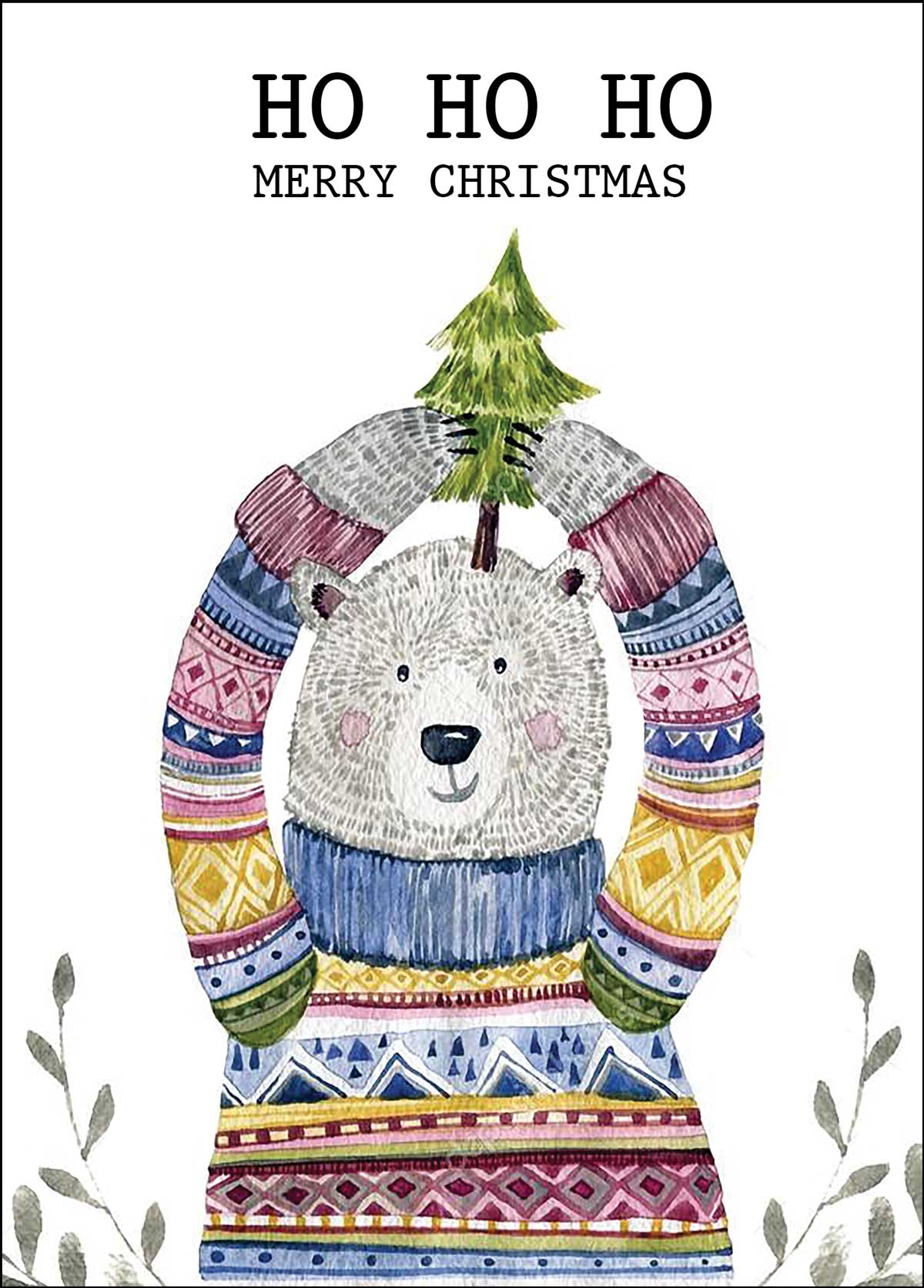 Illustration of a polar bear wearing a colorful sweater with a Christmas tree on its head, text 'HO HO HO MERRY CHRISTMAS' above.