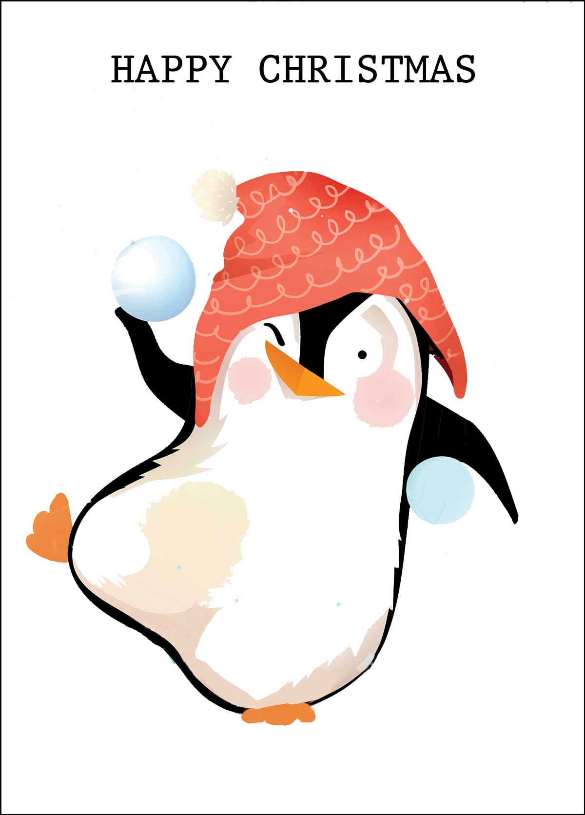 Cartoon penguin wearing a red Christmas hat with snowballs on a white background.
