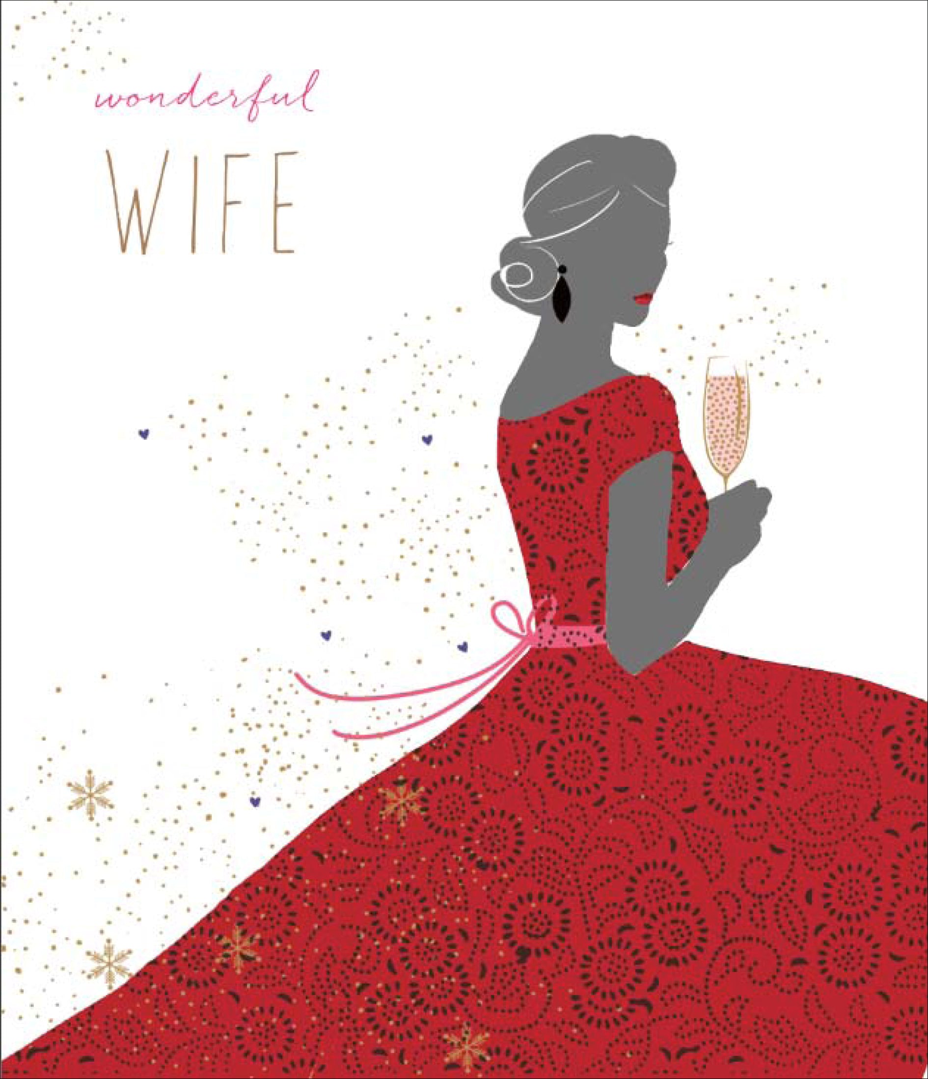Card with silhouette of a woman in a red dress holding a glass, text 'wonderful wife' on a white background.