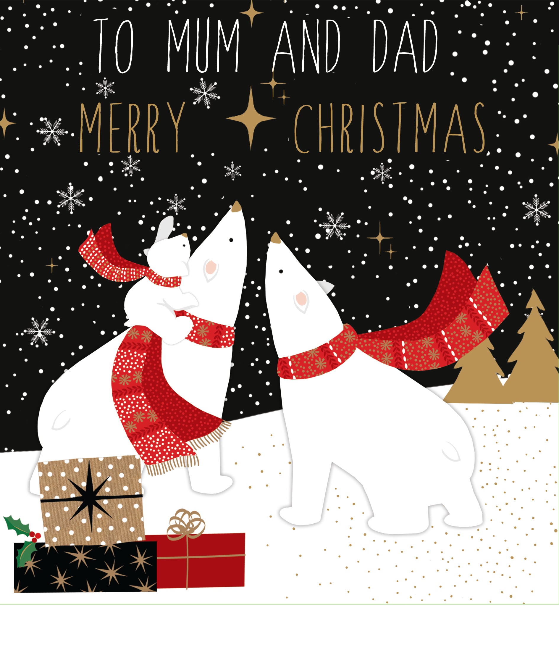 Christmas card with two polar bears wearing scarves, surrounded by presents and trees on a snowy background.