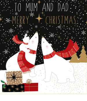 Christmas card with two polar bears wearing scarves, surrounded by presents and trees on a snowy background.