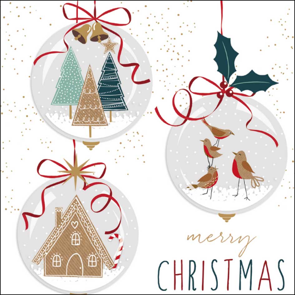 Decorative Christmas ornaments with trees, birds, and a house on a white background.