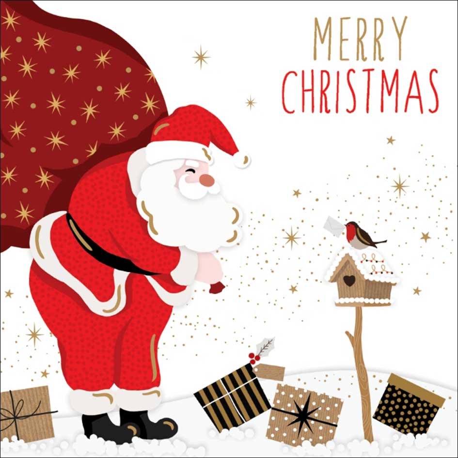 Cartoon Santa Claus with gifts and a robin on a Christmas card