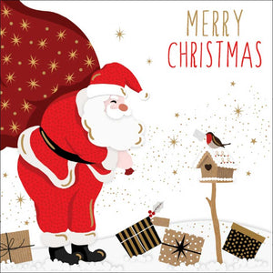 Cartoon Santa Claus with gifts and a robin on a Christmas card