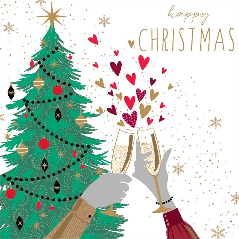 Christmas card with a decorated tree, champagne glasses, and 'Happy Christmas' text.
