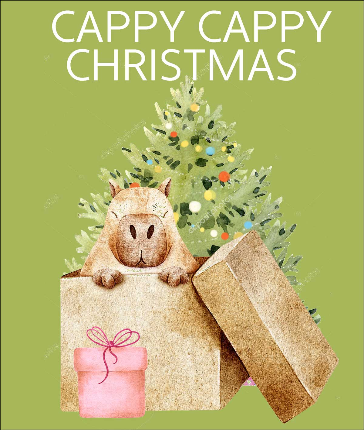 Hippo peeking out from a gift box with a Christmas tree in the background and 'Cappy Cappy Christmas' text.