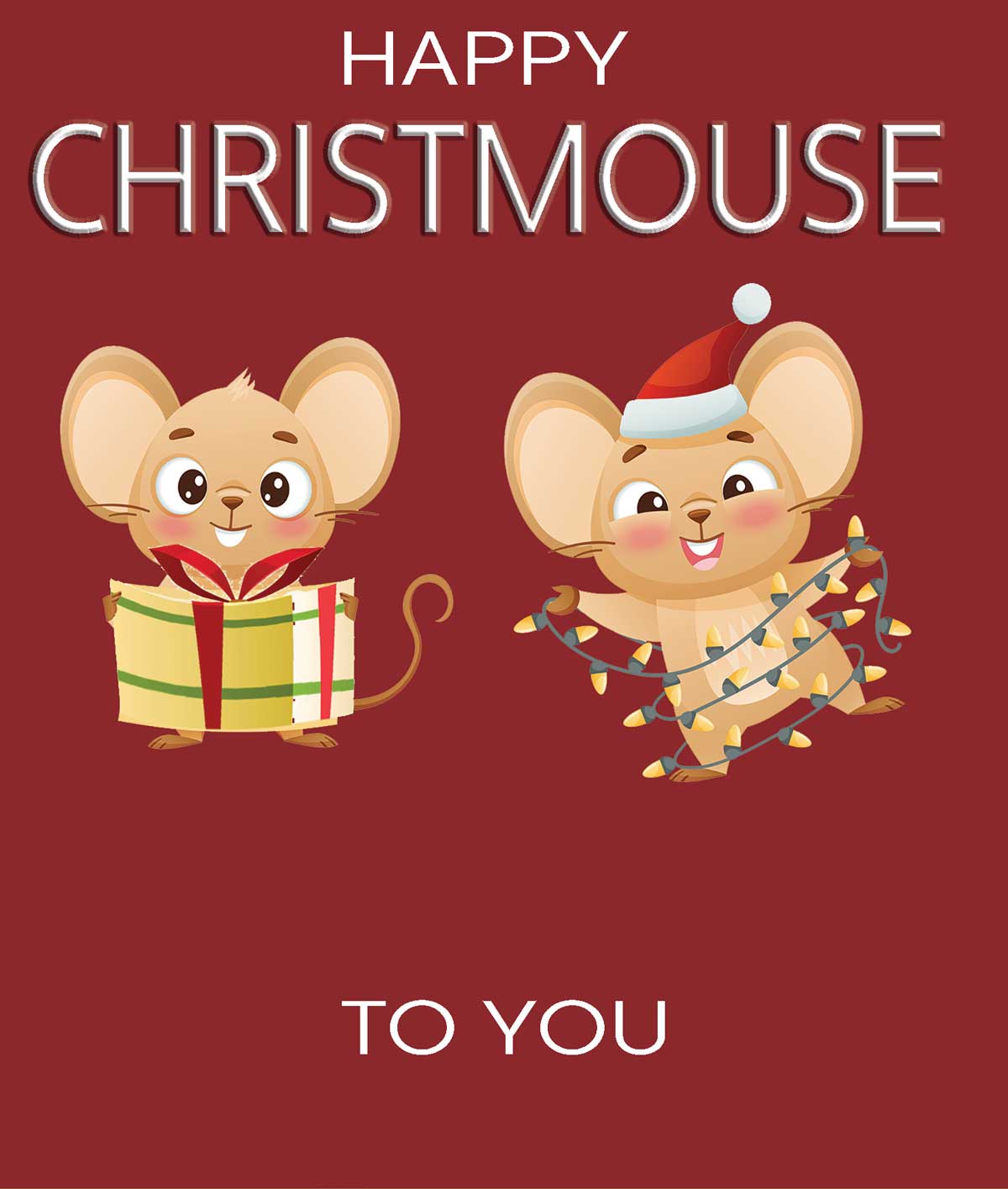 Two cartoon mice with Christmas decorations on a red background with 'Happy Christmouse to you' text.