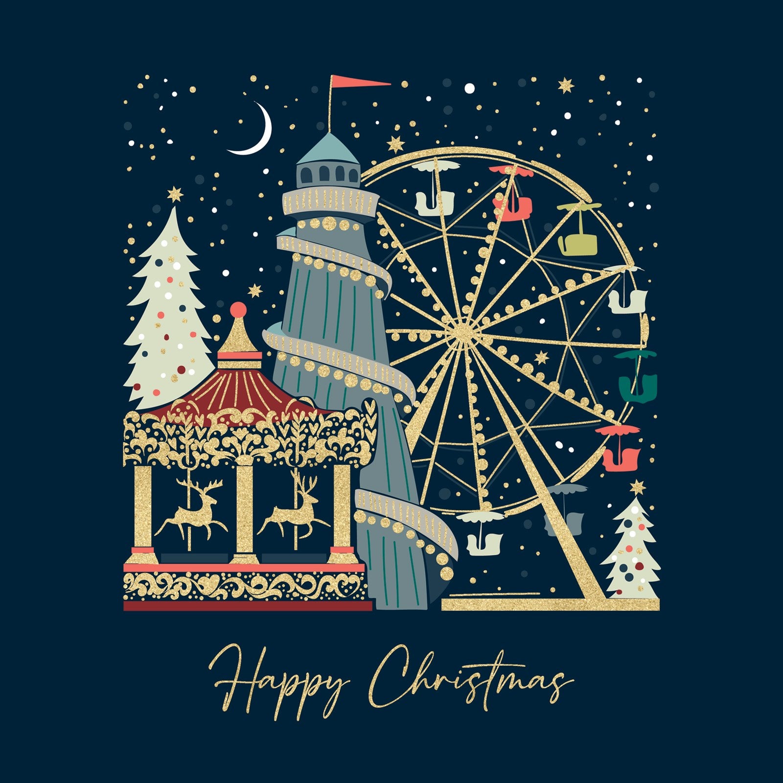 A Christmas themed greeting card with a festive illustration of a Ferris wheel, trees, and a carousel. The card says 'Happy Christmas' and comes with a kraft envelope.