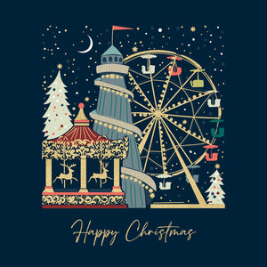 A Christmas themed greeting card with a festive illustration of a Ferris wheel, trees, and a carousel. The card says 'Happy Christmas' and comes with a kraft envelope.